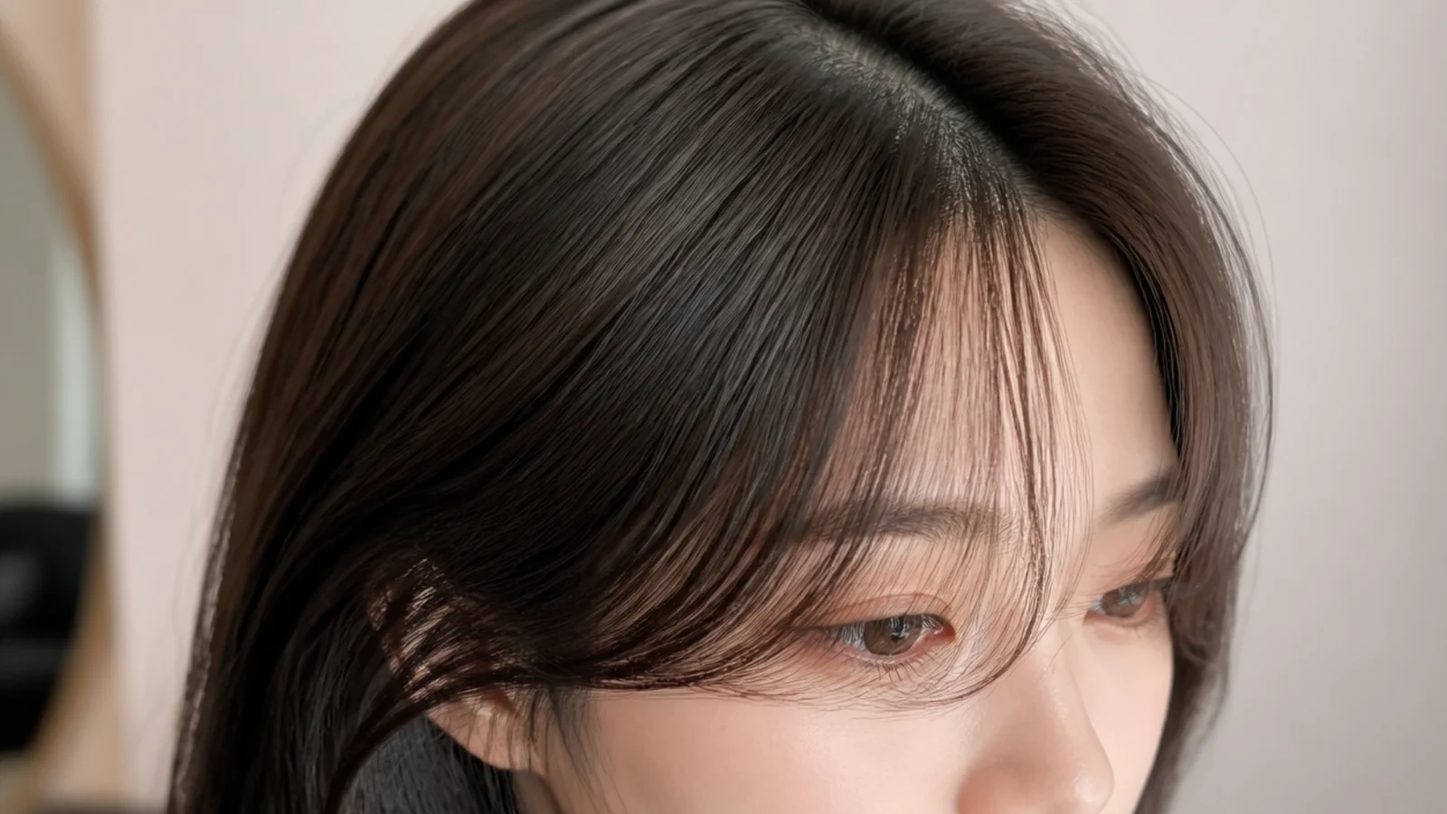 Korean curtain bangs cut to skim the eyebrows with longer feathered sides framing the cheeks