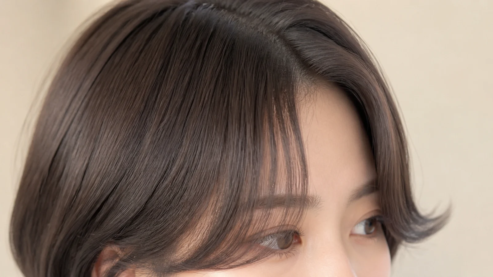 Korean short curtain bangs with a C-curl bend flicking the ends outward away from the face