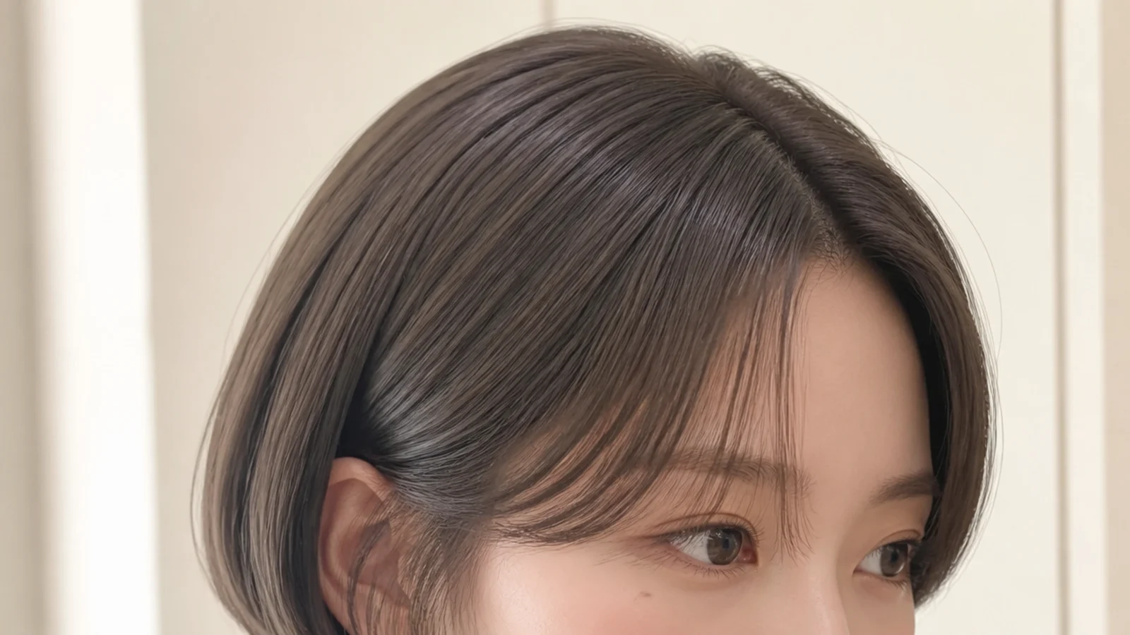 Tassel cut bob with Korean short curtain bangs and blunt ends curving under at the jaw