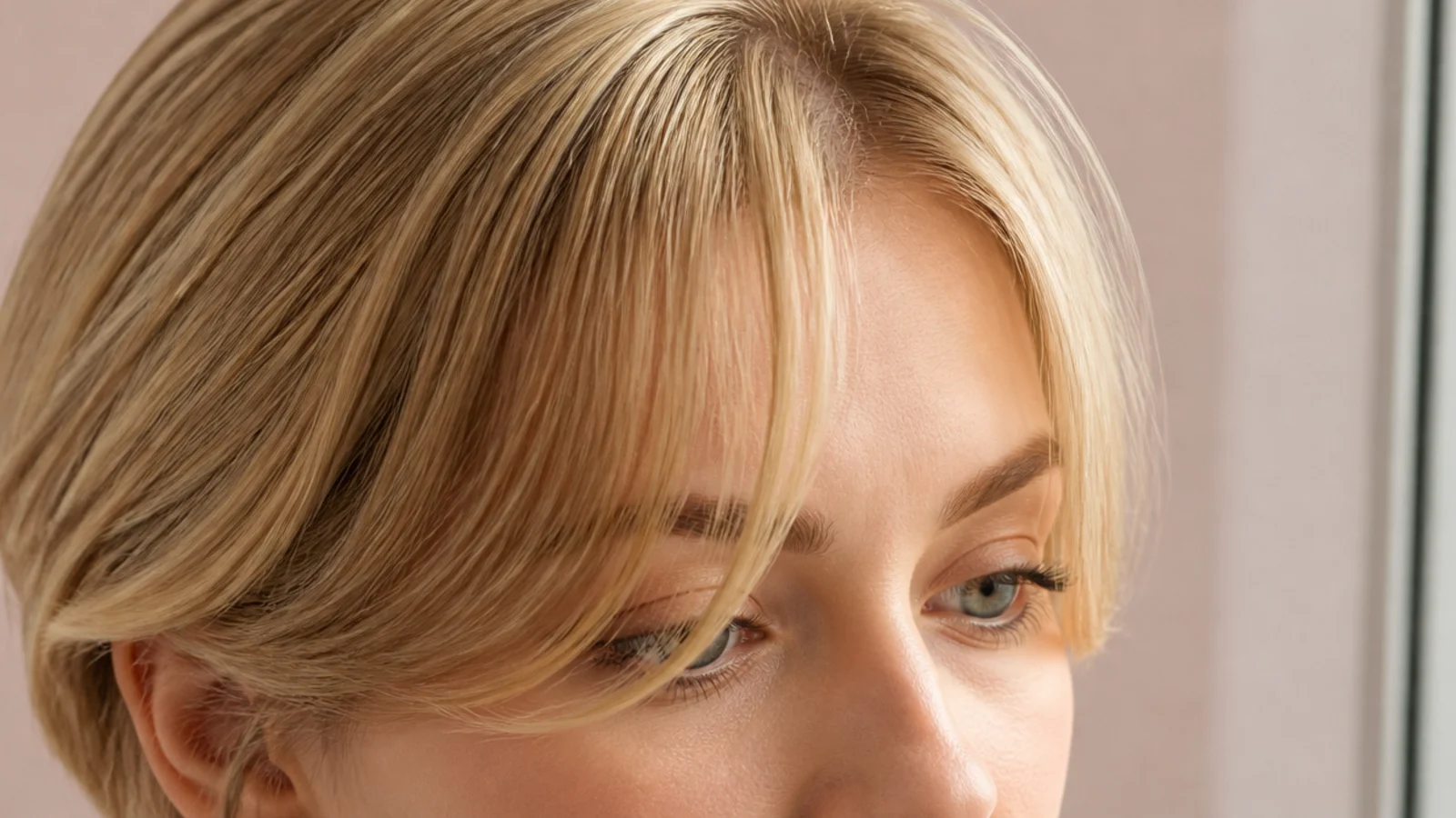 Wispy Korean short curtain bangs on fine blonde hair with tapered point-cut ends