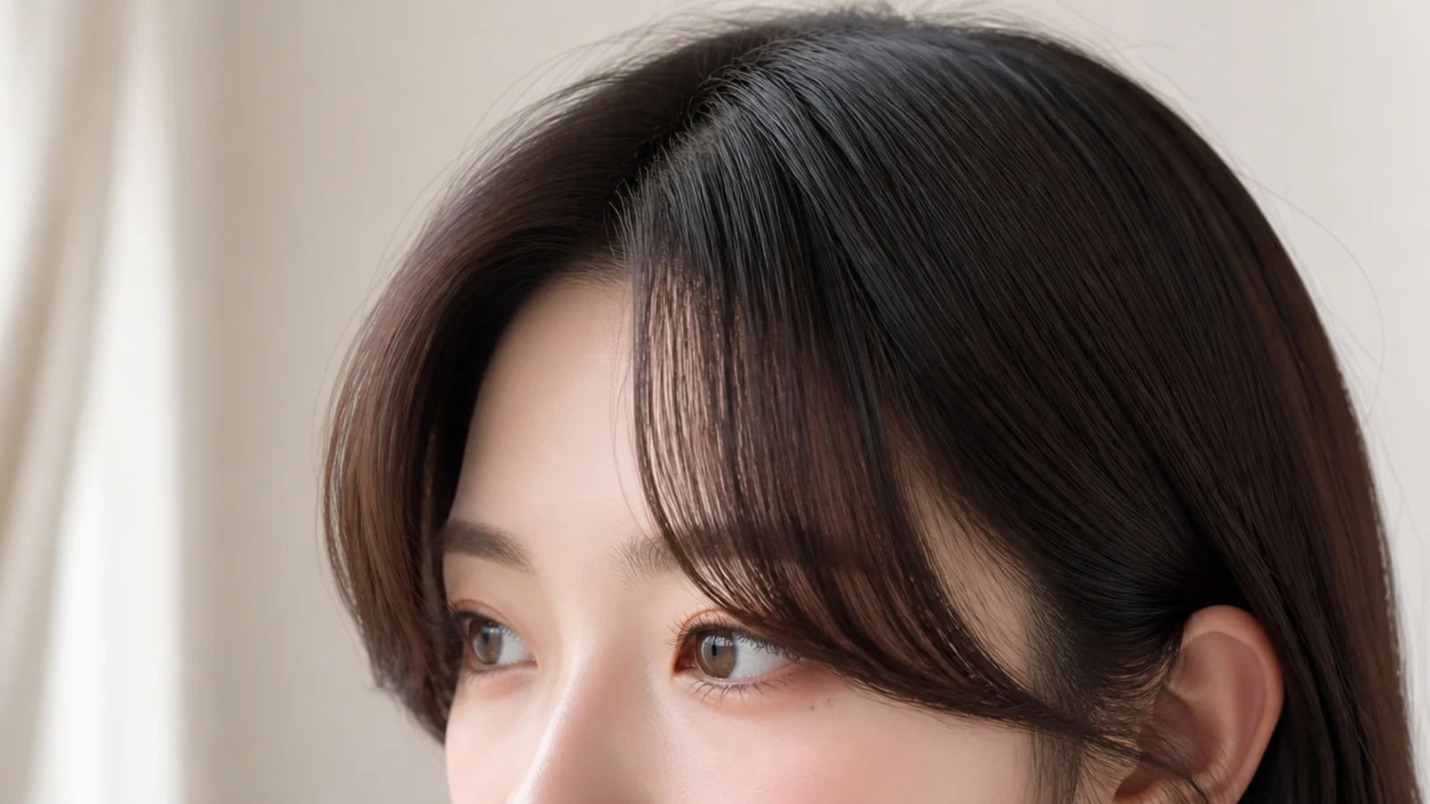 Korean short curtain bangs on a round face with the shortest point above the brow and long side pieces