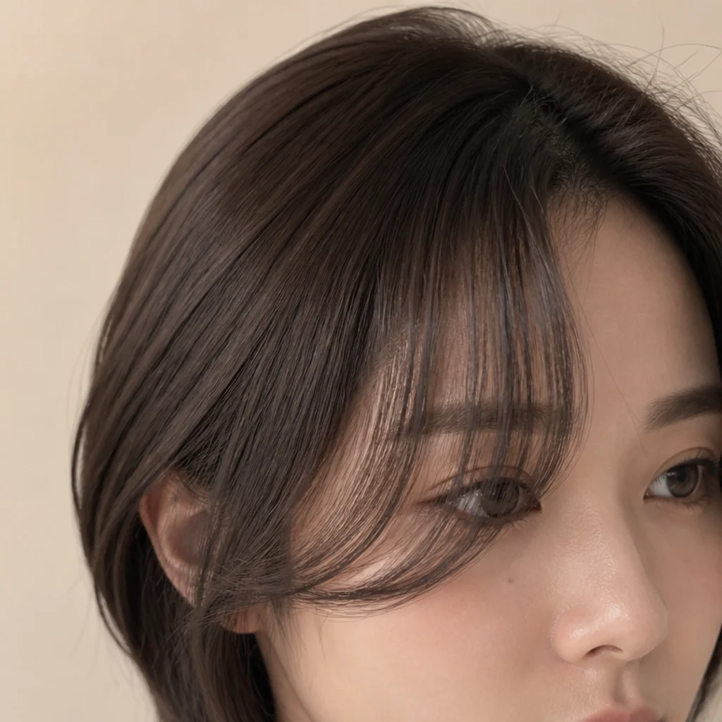 Korean short curtain bangs softening a square jawline with feathered ends angled past the cheekbone