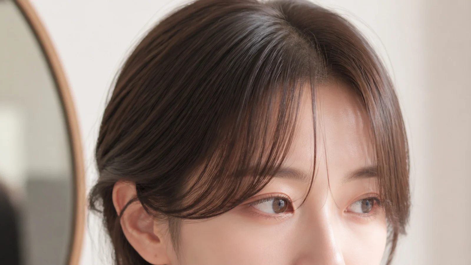 Korean short curtain bangs on a heart-shaped face with a wide airy fringe balancing a narrow chin