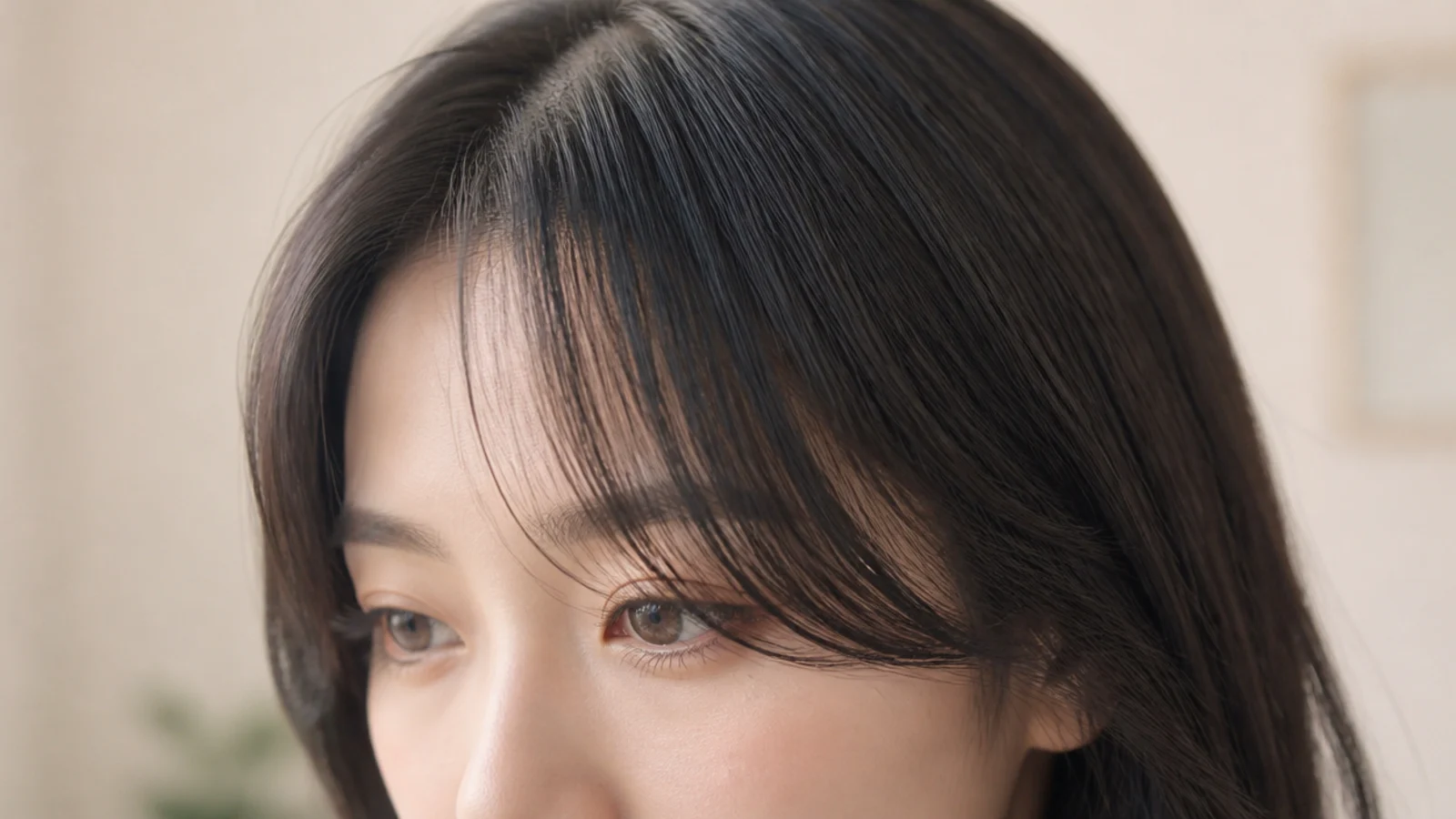 Poker straight dark hair with Korean short curtain bangs point-cut to avoid a blunt line