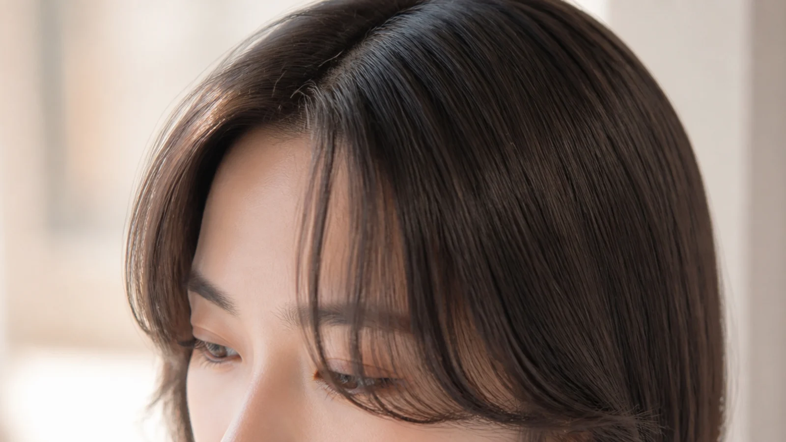 Korean short curtain bangs with a C-curl perm holding the outward bend without daily heat