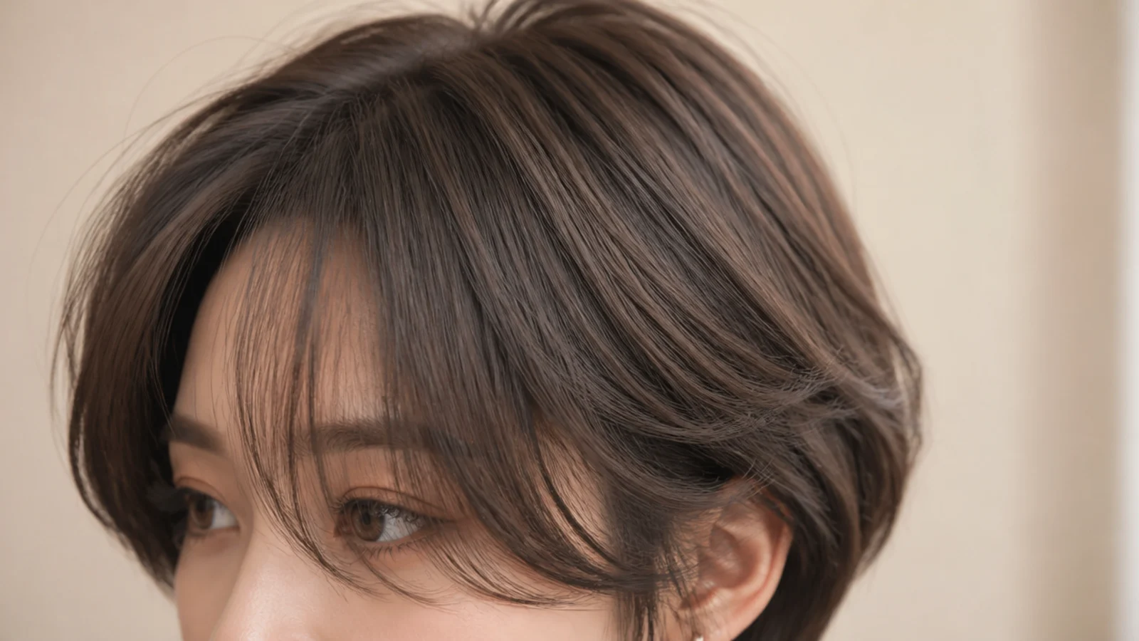 Short shag haircut with Korean see-through curtain bangs and heavy face-framing layers