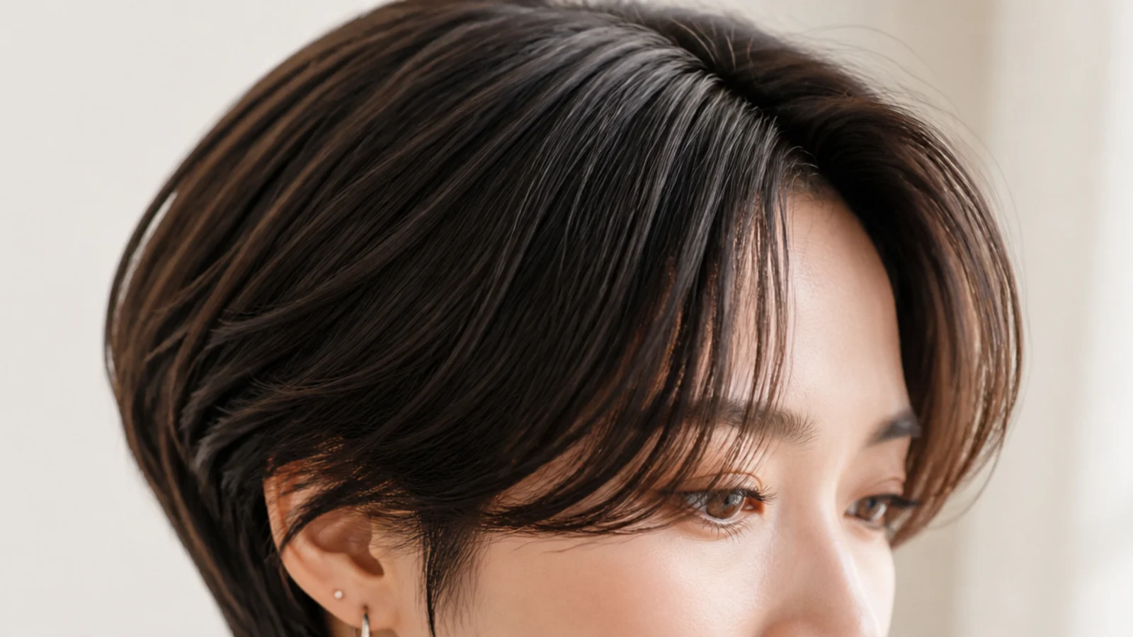 Short pixie cut with Korean curtain bangs parted in the middle and sweeping past the ears
