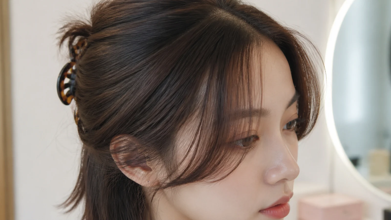 Korean short curtain bangs worn with a half-up claw clip and face-framing pieces left loose