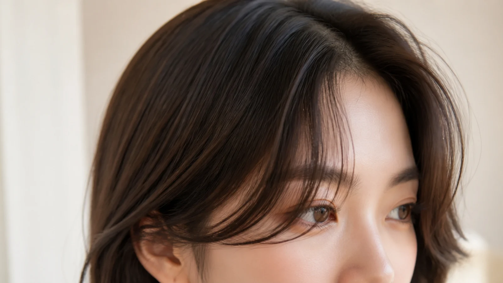 Grown-out Korean short curtain bangs at cheekbone length blending into face-framing layers