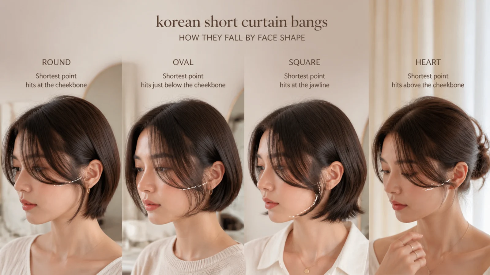 Four face shapes compared for Korean short curtain bangs showing round, oval, square and heart