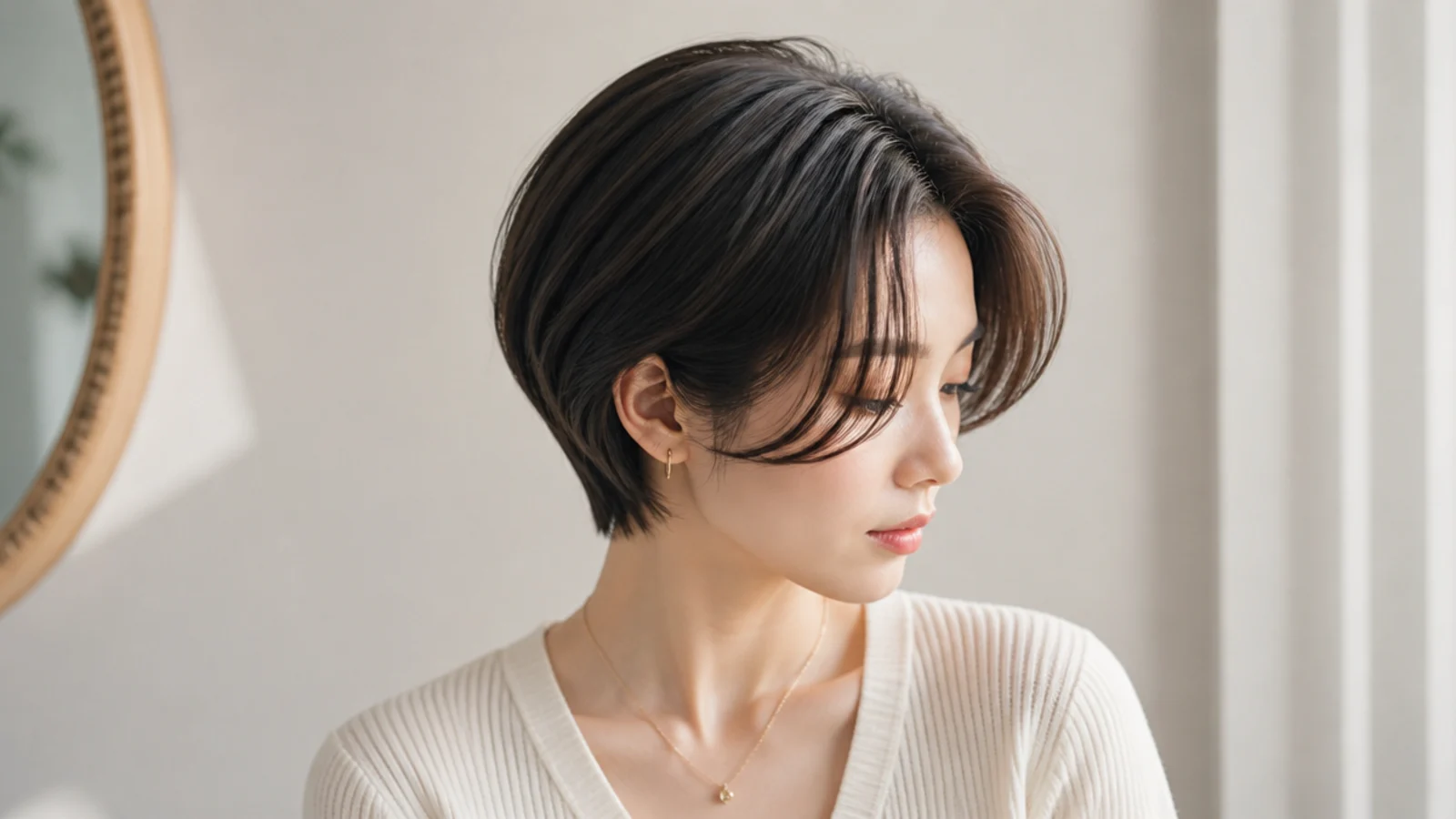 Korean short curtain bangs parted down the middle with see-through density and C-curl ends at brow length