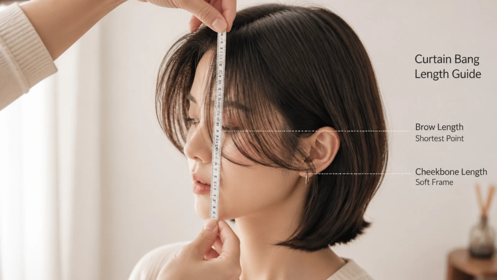 Measuring tape held against a Korean short curtain fringe showing brow and cheekbone length markers