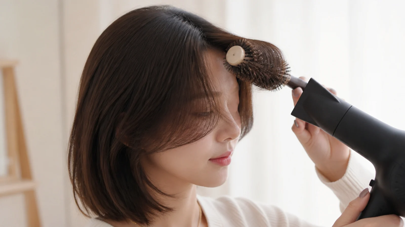 Round brush blow-drying Korean short curtain bangs away from the center part for a C-curl