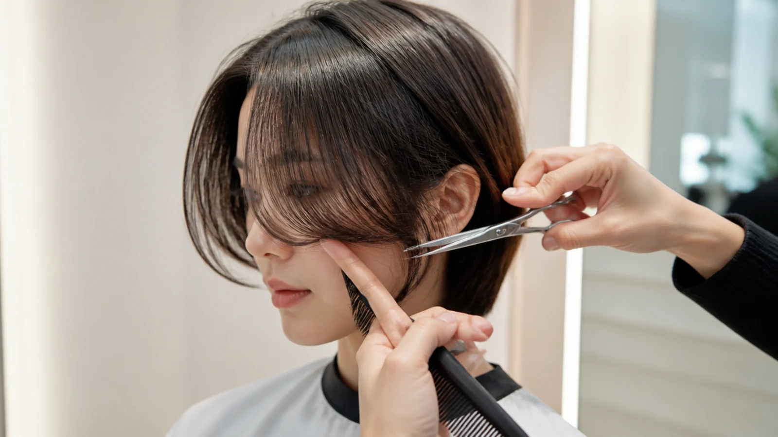 Stylist point-cutting Korean short curtain bangs at a salon with shears held vertically