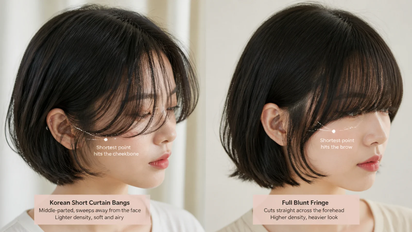 Side by side of Korean short curtain bangs and a full blunt fringe showing the density difference