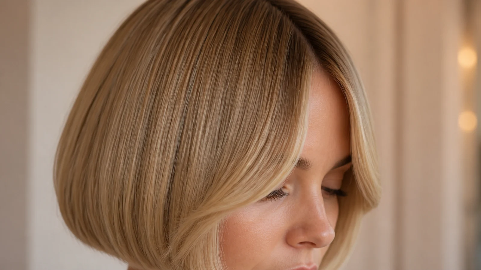 Blunt jaw length bob with short curtain bangs parted in the center over a heavy straight perimeter