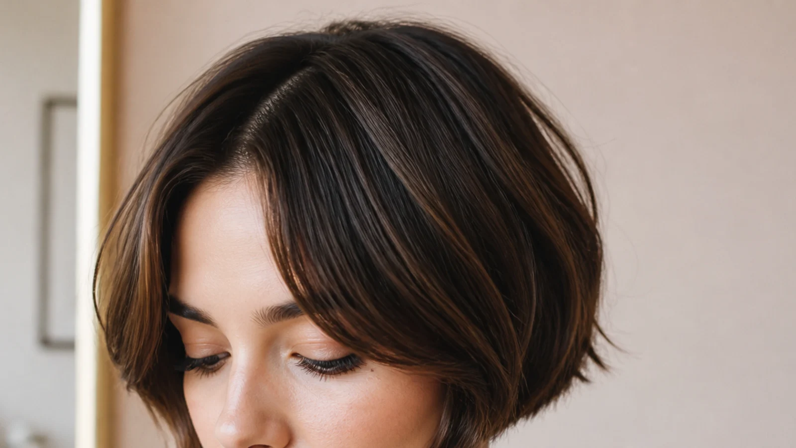 French bob cut above the jaw with short curtain bangs and undone texture through the ends