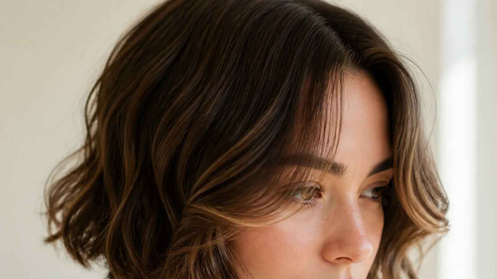 Wavy chin length bob with short curtain bangs bending outward at the cheekbones