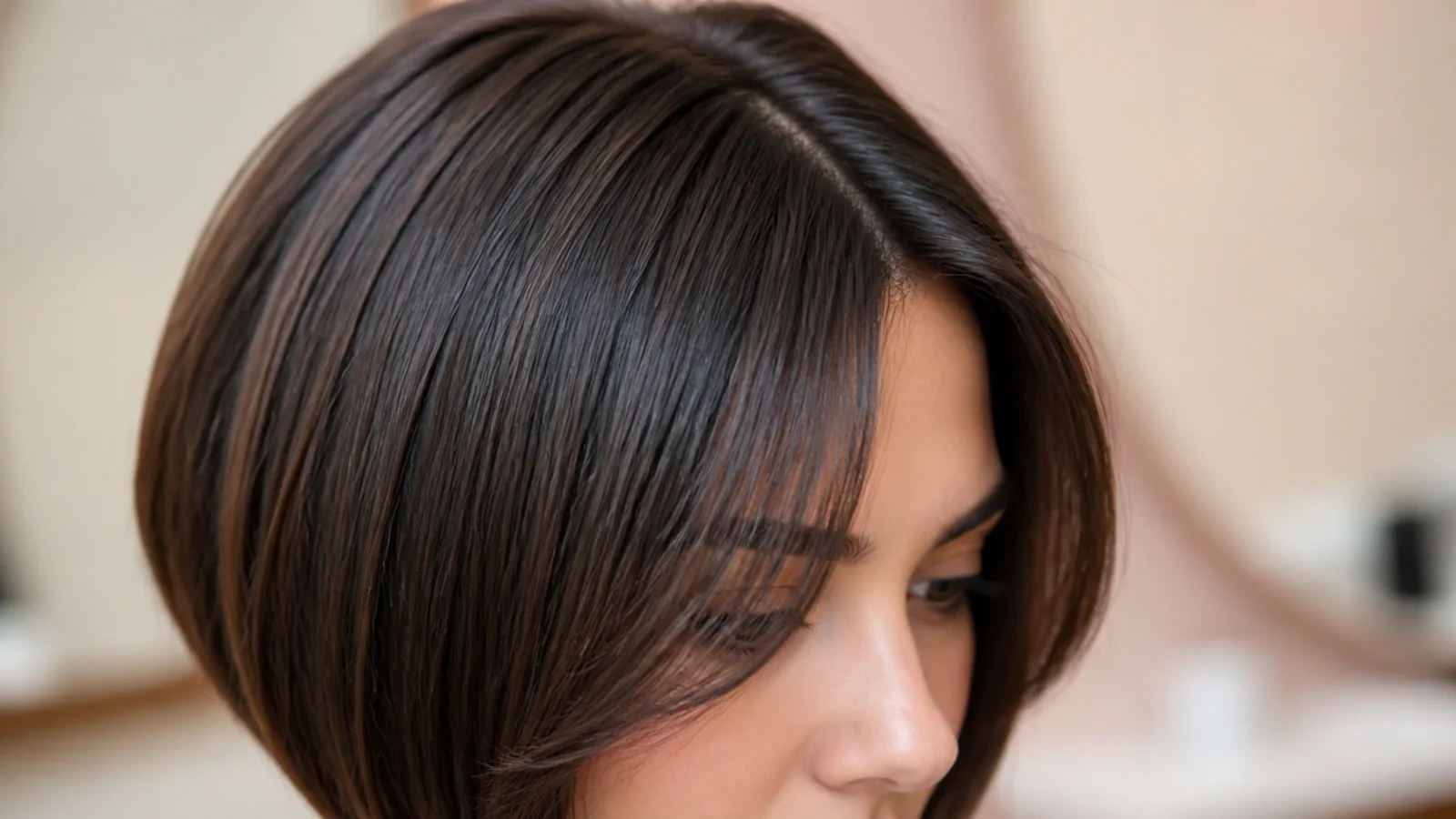 A line bob angled longer at the front with short curtain bangs framing the eyes