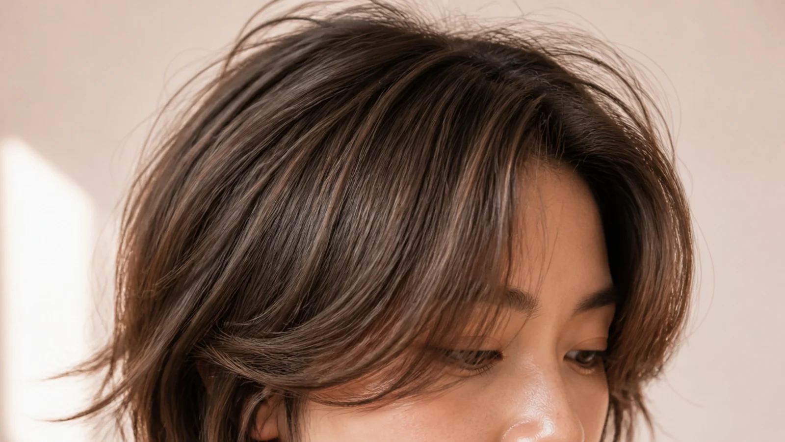 Shaggy layered bob with short choppy curtain bangs and piecey ends