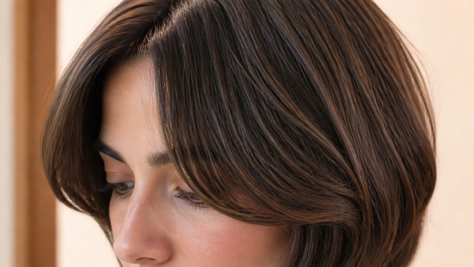 Round face bob with short curtain bangs kept at cheekbone length and swept wide off the face