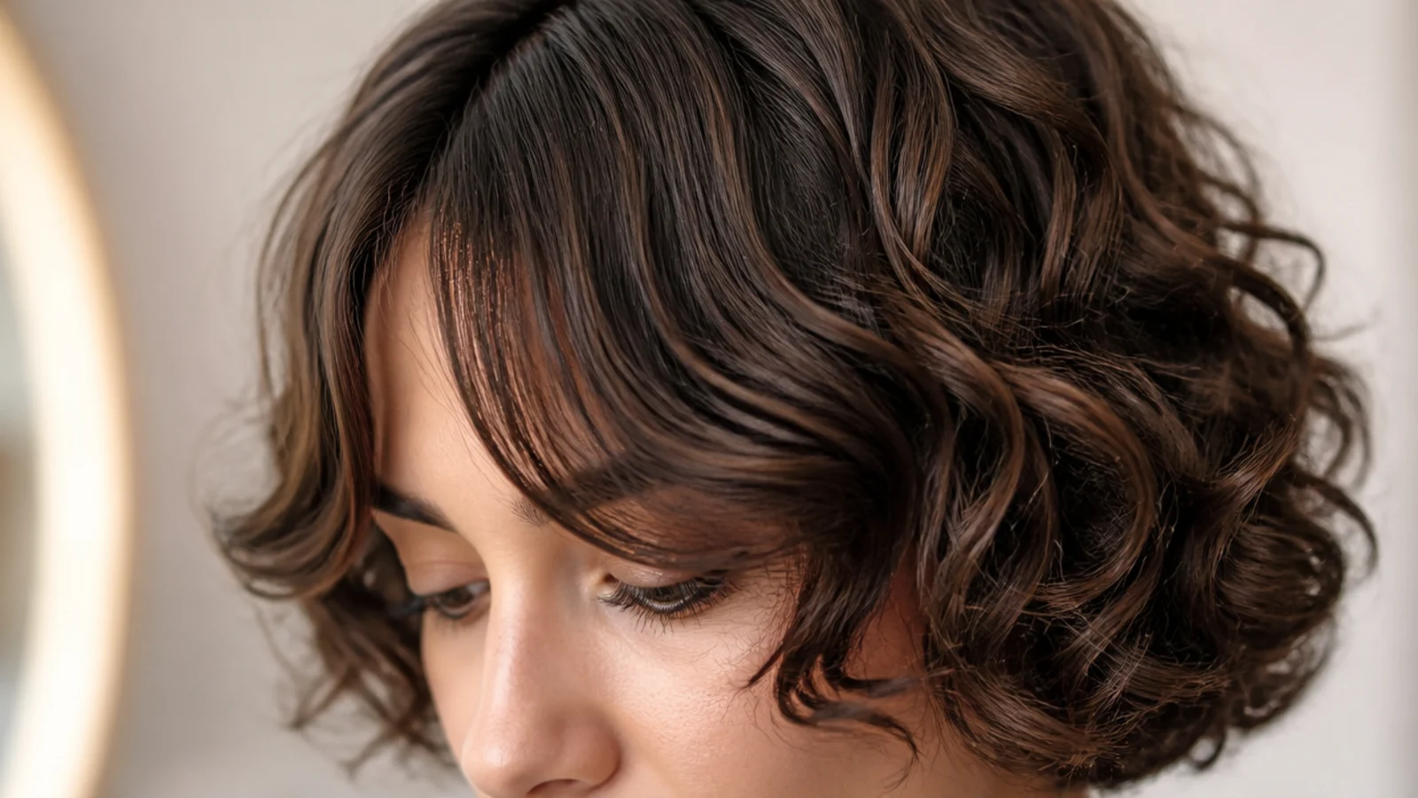 Curly bob with short curtain bangs cut dry on defined curls framing the forehead