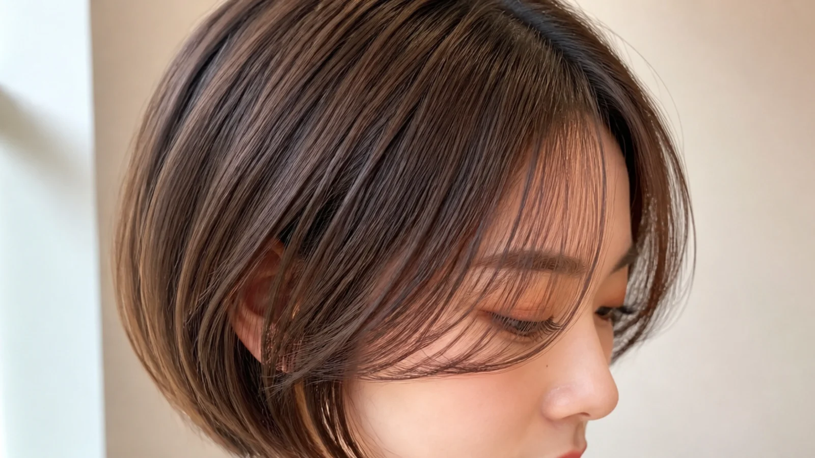 Fine hair bob with see through short curtain bangs showing soft wispy strands at the forehead