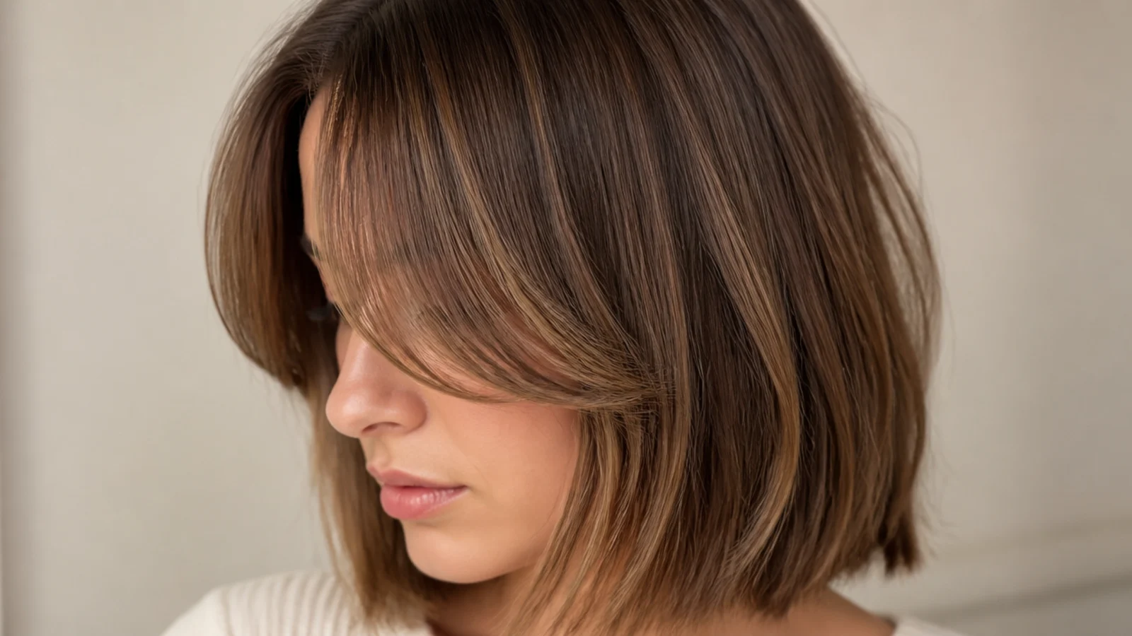 Collarbone length lob with short curtain bangs sweeping to the cheekbones on either side