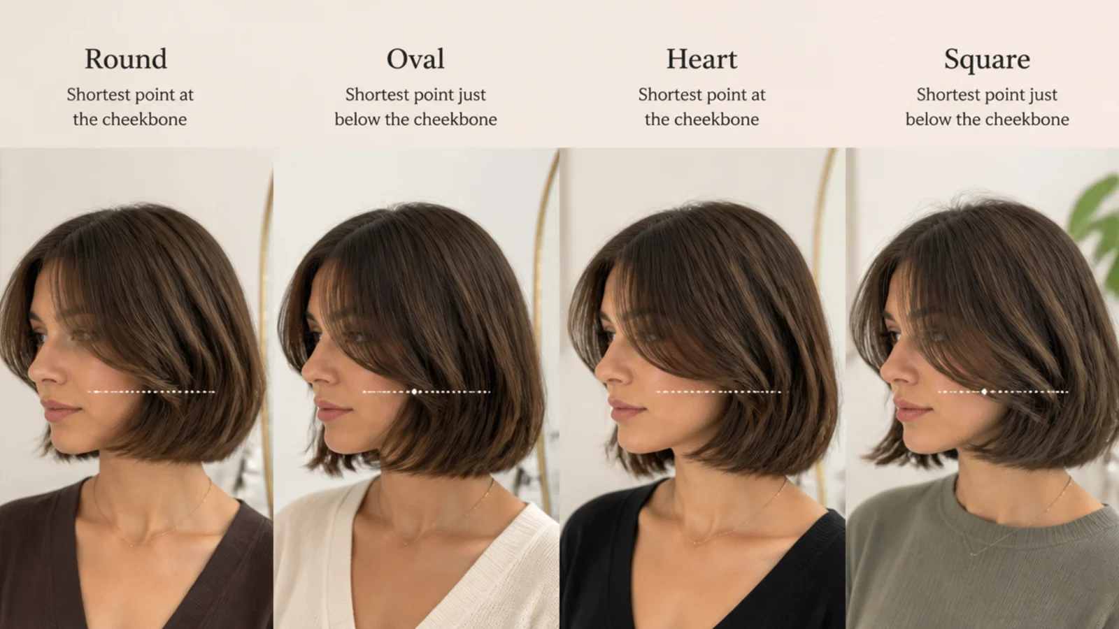 Round, oval, heart and square face shapes shown with short curtain bangs on a bob