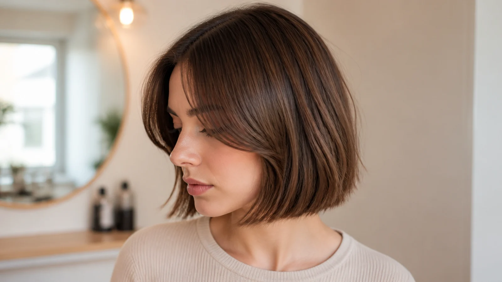 Chin length bob with short curtain bangs parted in the middle and sweeping away from the face