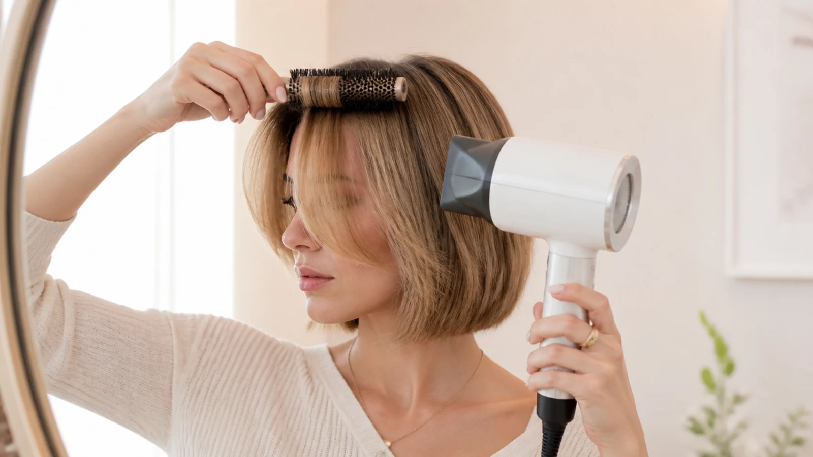 Round brush blow drying short curtain bangs away from a center part on a bob