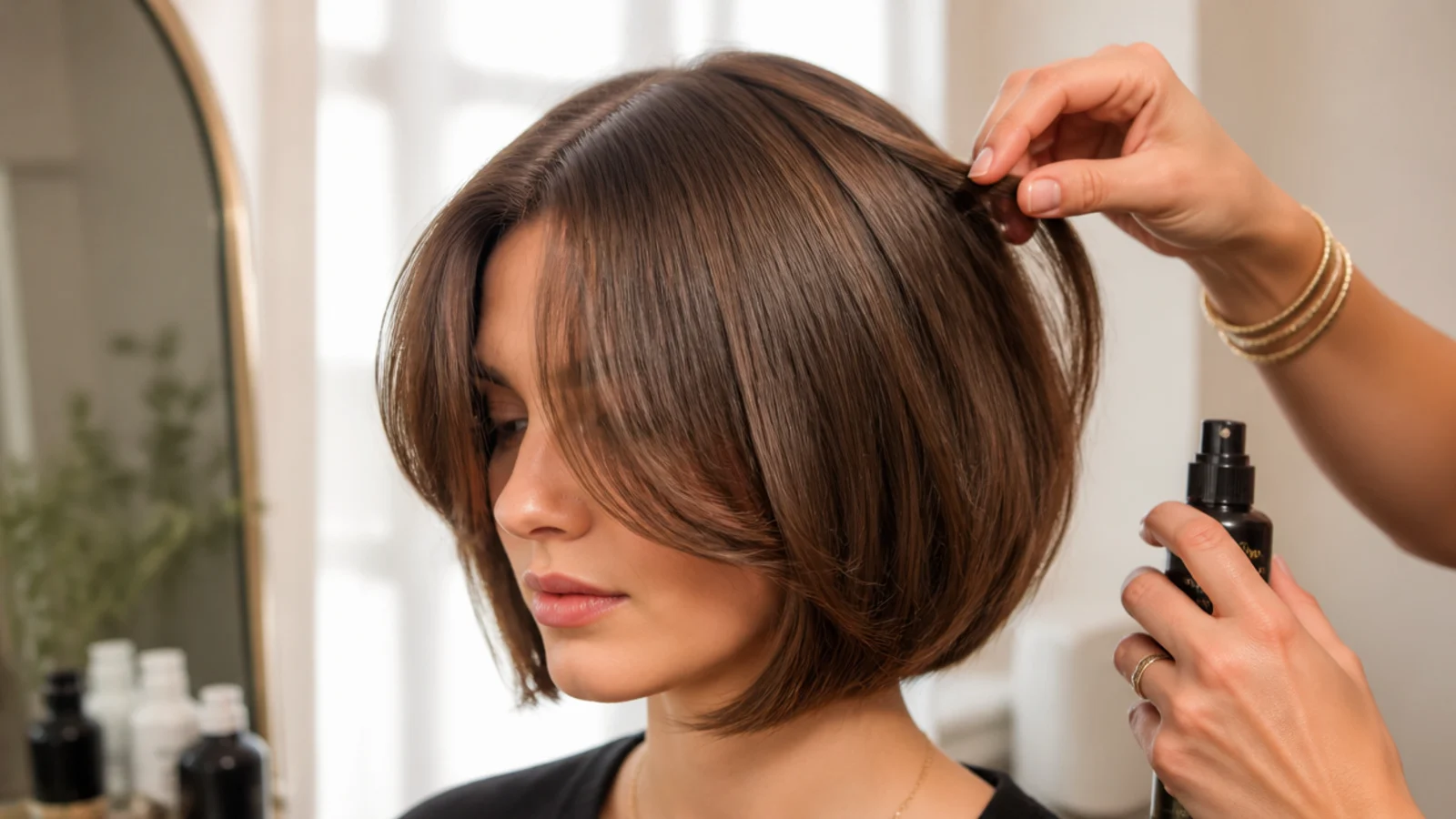 Short curtain bangs split into two gappy sections at the center part on a bob