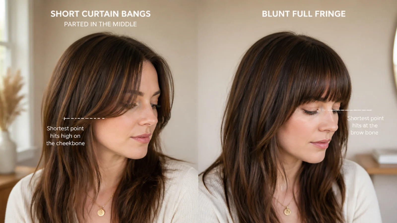 Side by side comparison of short curtain bangs parted in the middle and a blunt full fringe