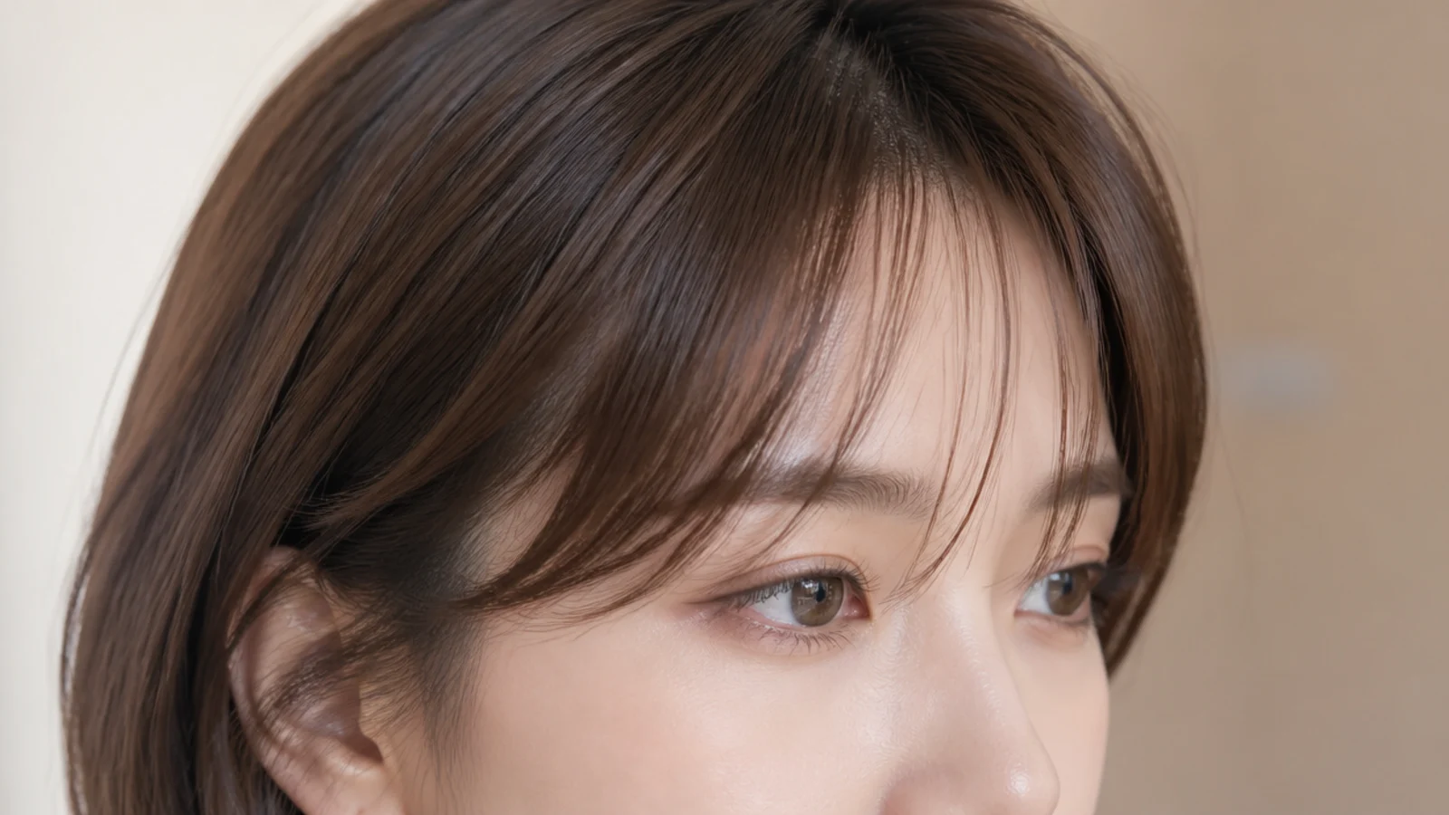 See-through wispy short curtain bangs on fine hair with visible forehead between separated strands
