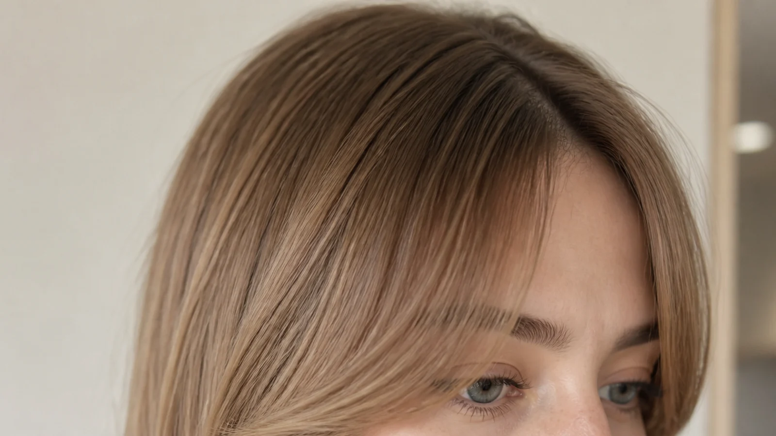 Brow-grazing short curtain bangs on fine straight hair swept away from a center part