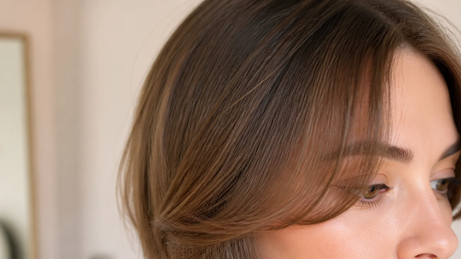Short curtain bangs on fine hair with the shortest point sitting at the top of the cheekbone