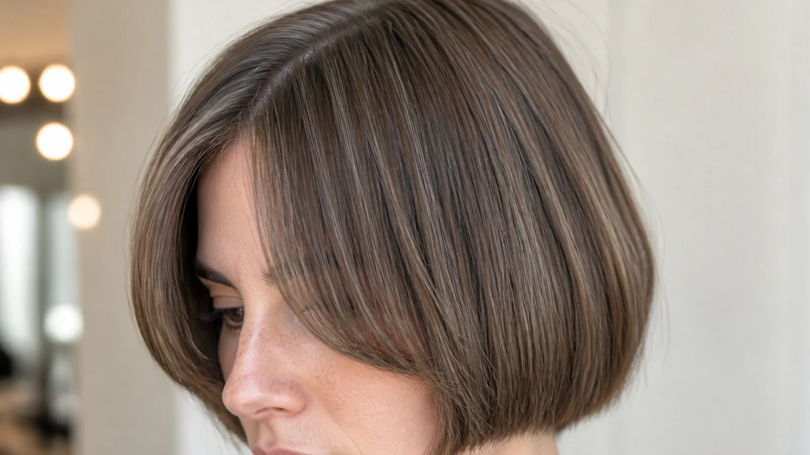 Short curtain bangs on a chin-length French bob cut for fine hair with a blunt perimeter