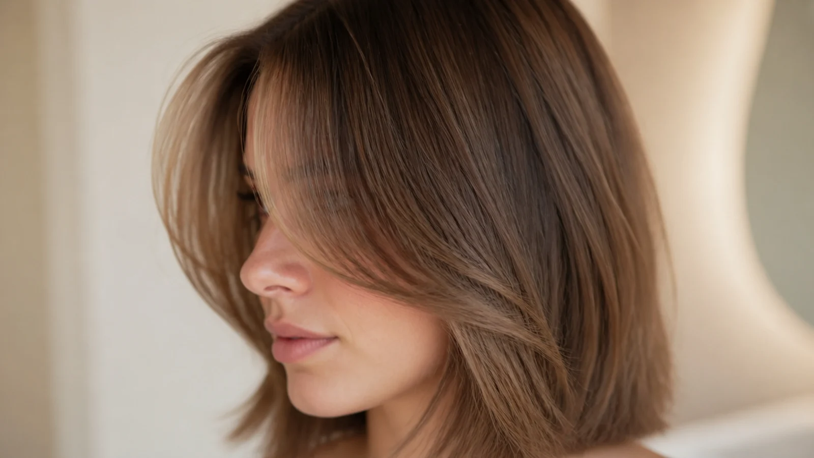Collarbone-length lob on fine hair with short curtain bangs framing the cheekbones