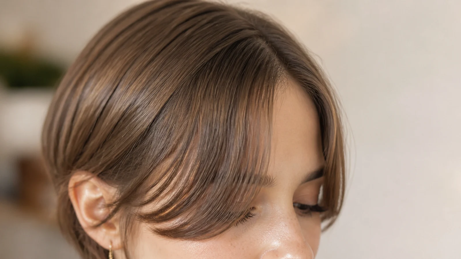 Short curtain bangs on fine hair worn off-center and swept heavier to one side