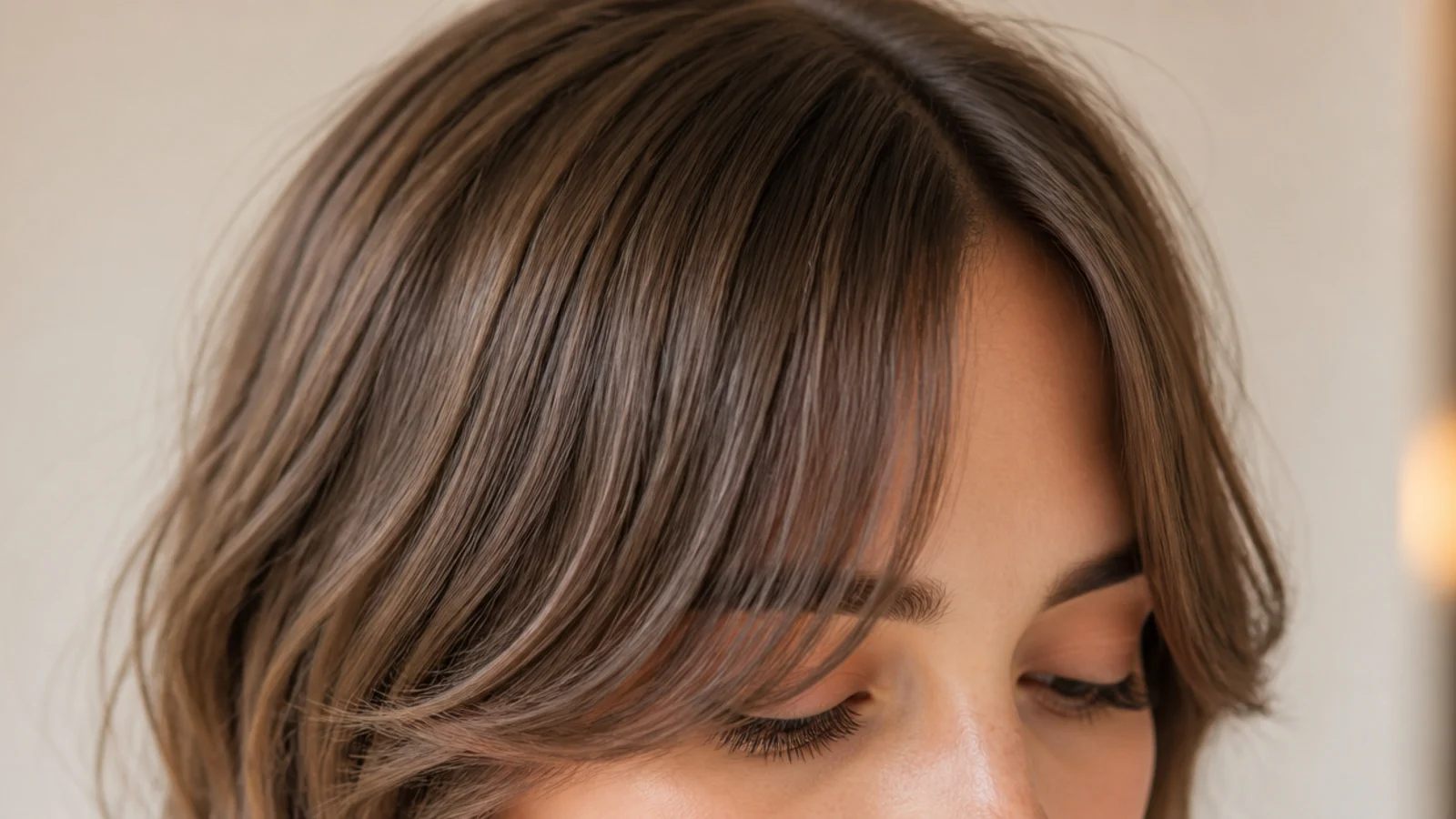 Short curtain bangs on fine 2A wavy hair with a soft bend at the ends