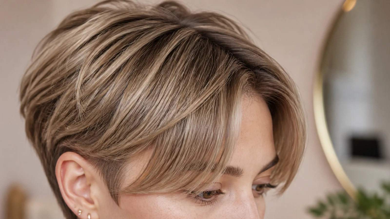 Fine hair pixie cut with short curtain bangs parted in the middle and swept to the sides