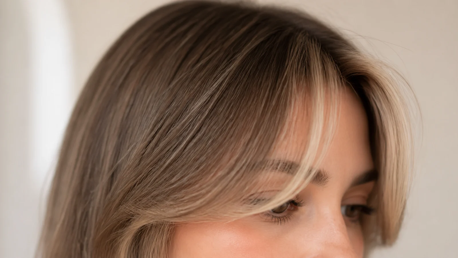 Short curtain bangs on fine hair with lighter money-piece highlights through the fringe