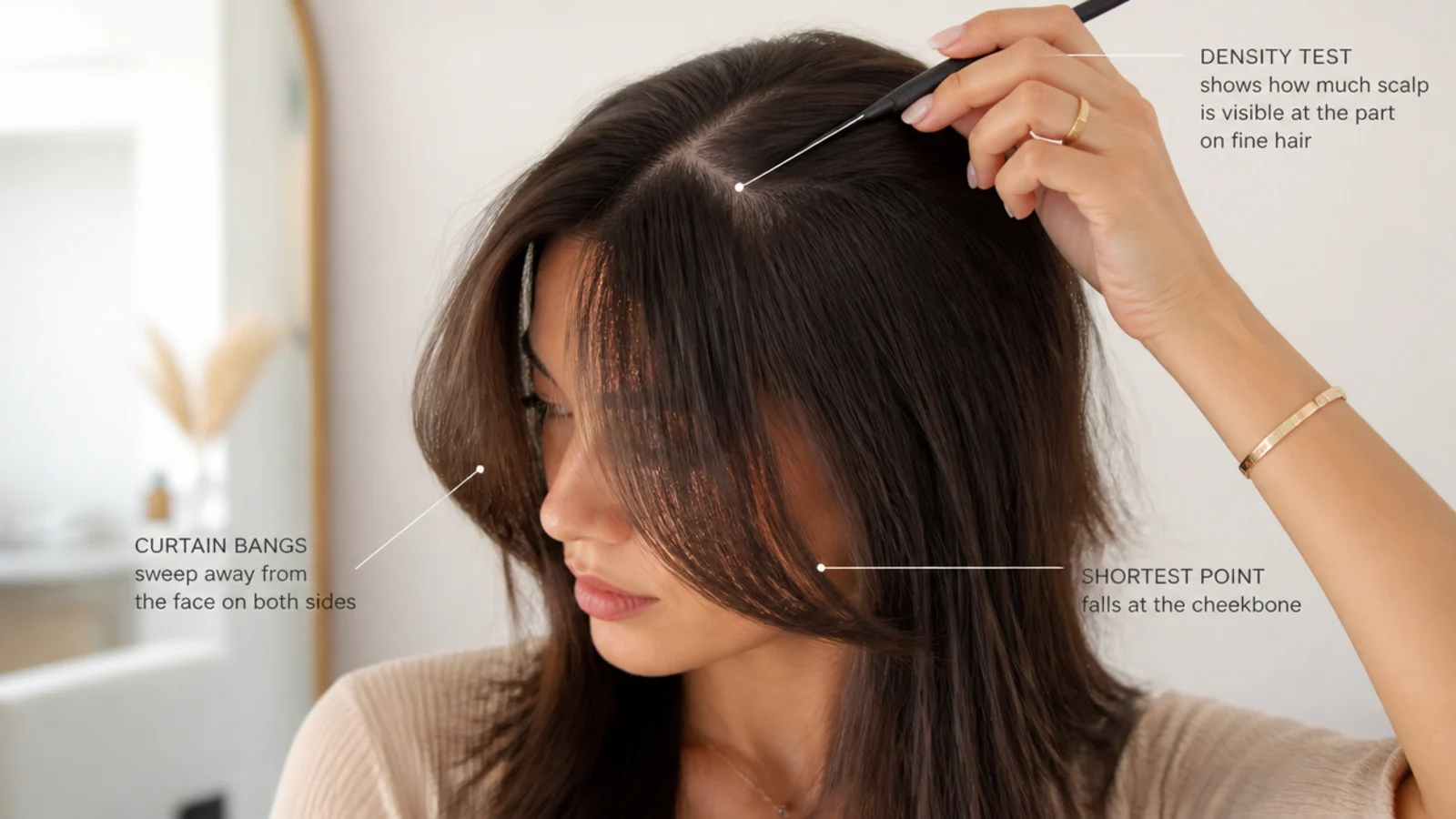 Density test showing how much scalp is visible at the part on fine hair before curtain bangs work
