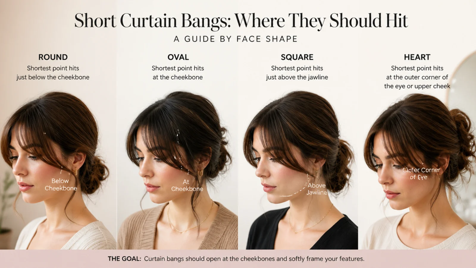 Face shape guide showing where short curtain bangs should sit on fine hair for round, oval, square and heart faces