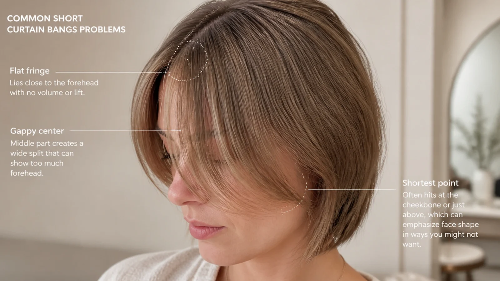 Common short curtain bangs problems on fine hair including a flat fringe and a gappy center split