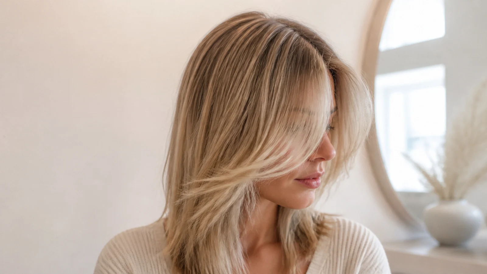 Short curtain bangs on fine blonde hair parted in the middle with visible root lift at the fringe