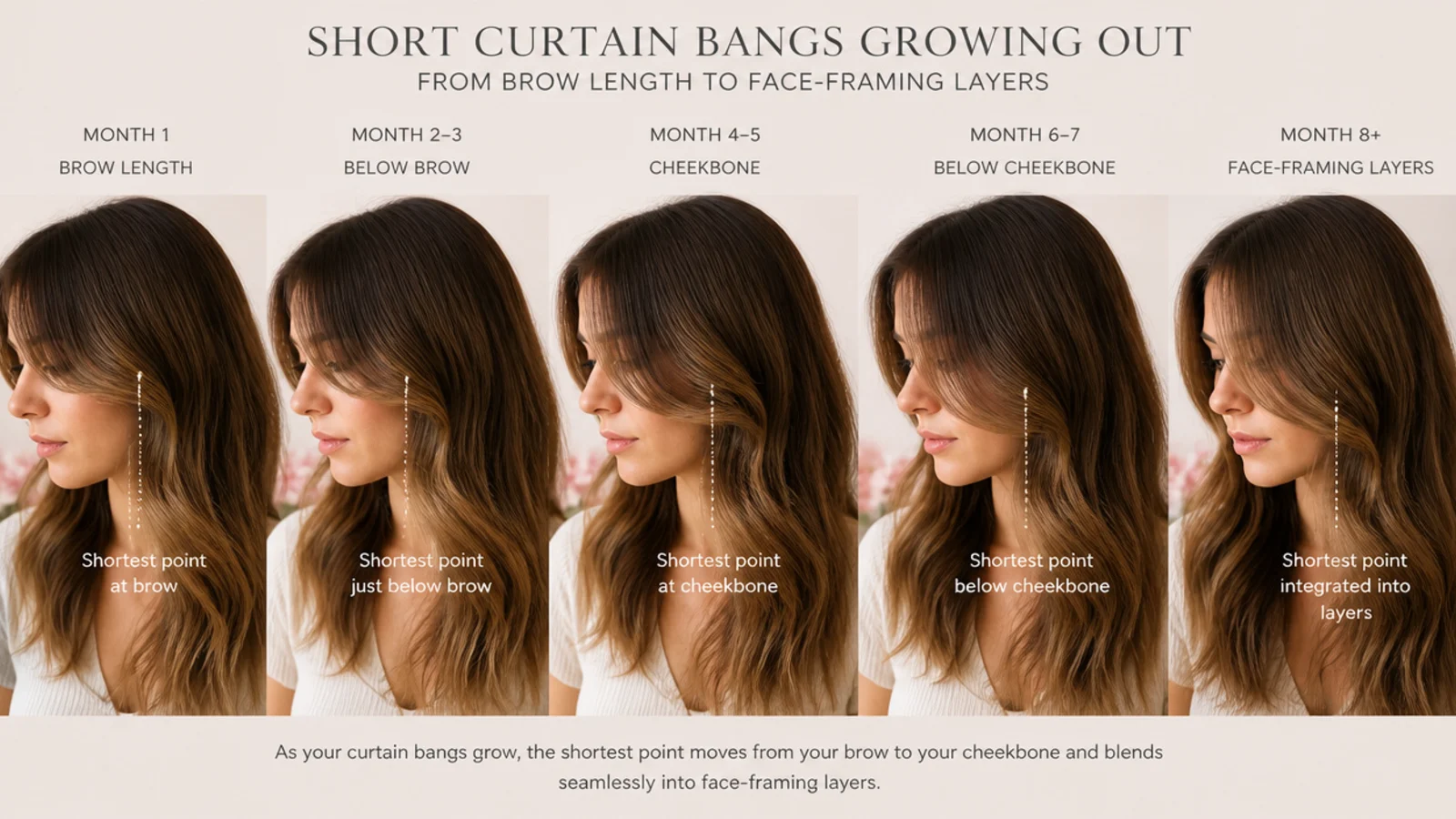 Timeline showing short curtain bangs on fine hair growing out from brow length into face-framing layers