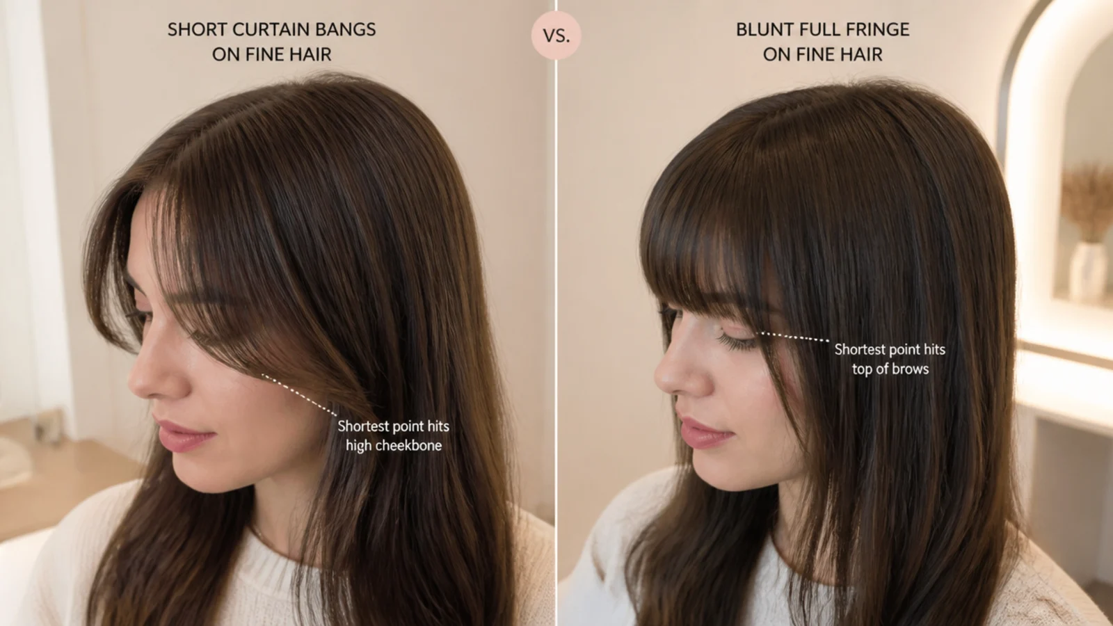 Comparison of short curtain bangs on fine hair against a blunt full fringe on the same hair type