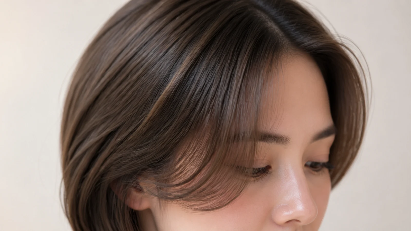 Cheekbone-grazing short curtain bangs sweeping away from a round face