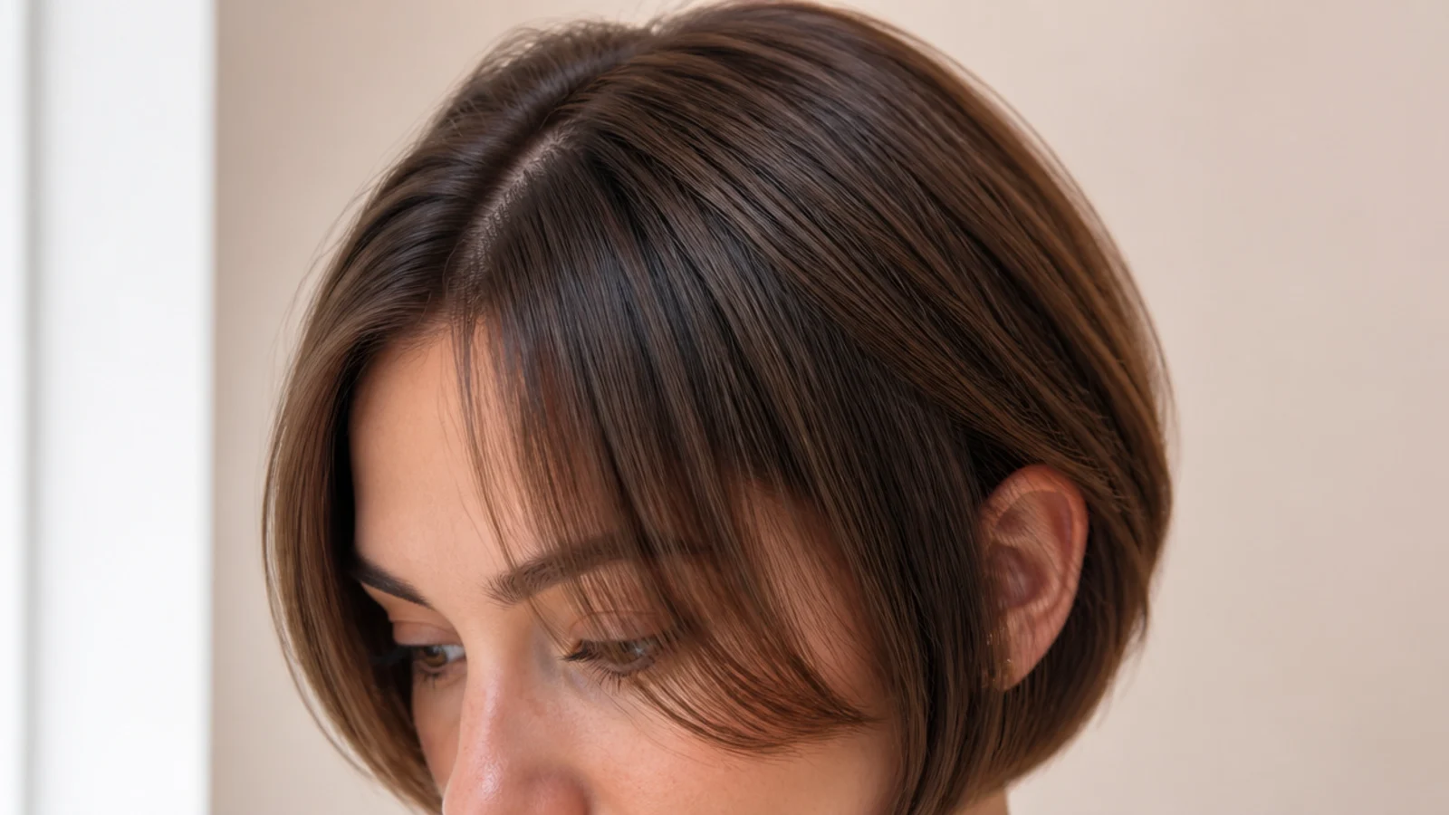 Chin-length bob with short curtain bangs framing a round face